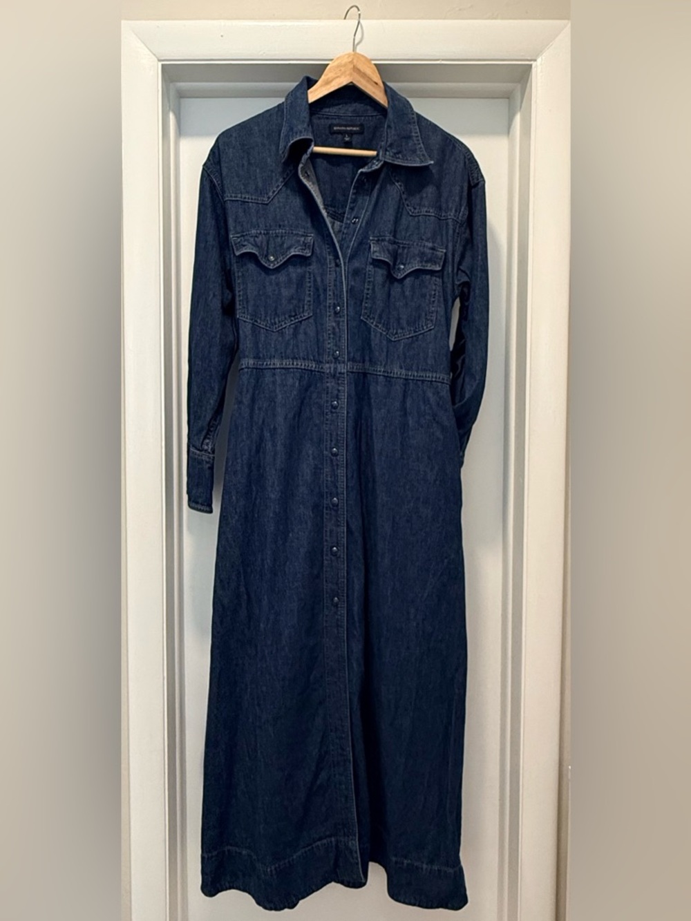 Banana Republic Long Sleeve Denim Snap-Front Maxi Dress